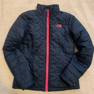 navy blue and pink north face coat